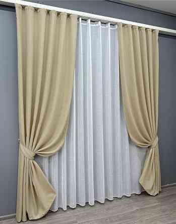 Комплект штор VR-Textil Лен Мешковина 150х270 2шт и Тюль 400х270 114ш-115т Бежевый с белым 71-022/3 Киев