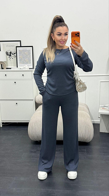 Женский базовый костюм двойка: лонгслив и штаны трикотажный рубчик Графитовый, 46/48 Одесса - изображение 6