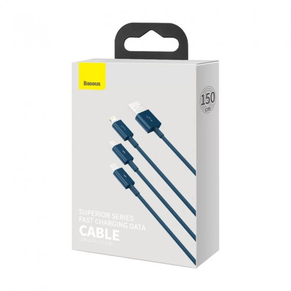 Кабель Baseus 3в1 Fast Charging MicroUSB+TypeC+Lightning 3.5A CAMLTYS-03 (Блакитний, 1.5 м) Миколаїв - фото 5