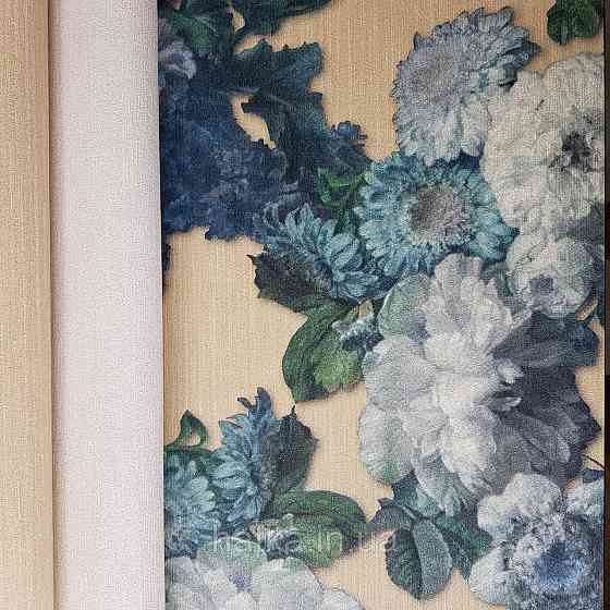 Шпалери метрові вінілові на флізелін дизайнерські Erismann Elle квіти листя сині бузкові на пісочному Київ