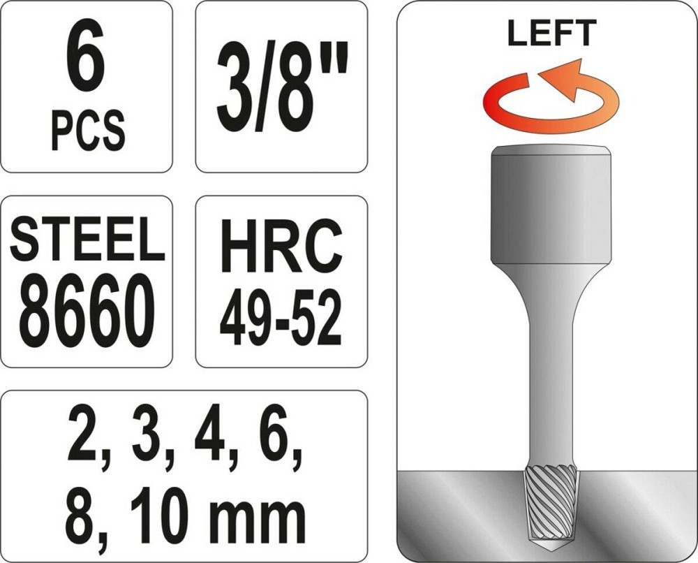 Набір екстракторів YATO : квадрат 3/8". Ø= 2-10 мм, для гвинтів 8660 HRC 49-52. 6 Од. [50] Одеса - фото 3