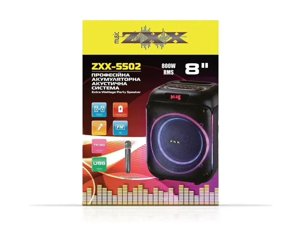 Акустична переносна колонка ZXX-5502 800Вт 1x8" 285х270х365мм TWS/FM/USB/TF/BT/LED/MIC Одеса - фото 2