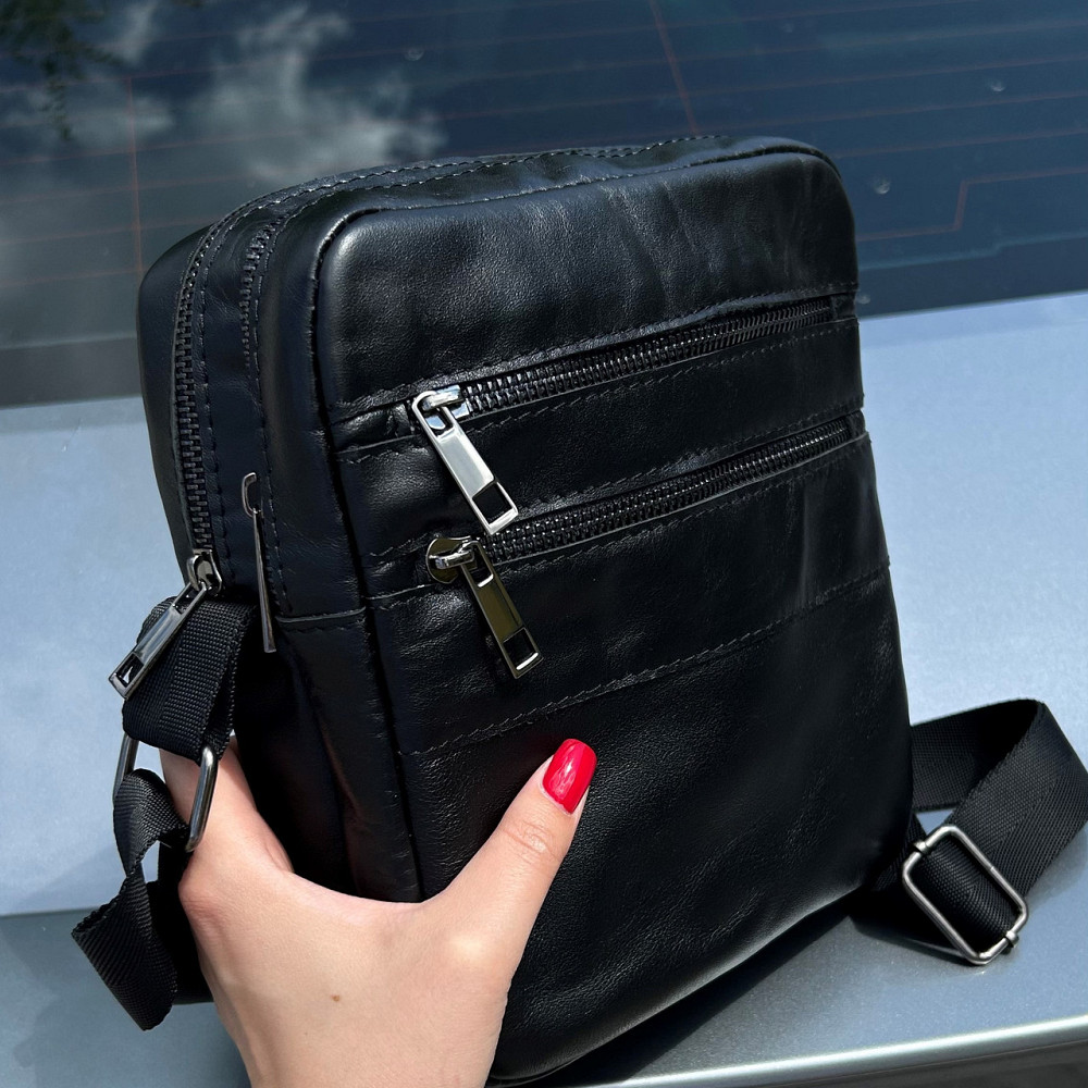 Чоловіча сумка через плече глянцева шкіряна чорна Детройт Глянець 21х19х5 см, сумка месенджер шкірянаMasterSem Київ - фото 4