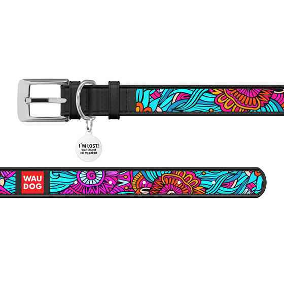 Нашийник для собак шкіряний WAUDOG Design з QR паспортом, малюнок "Літо", Ш 20 мм, Д 29-38 см, чорний Вінниця