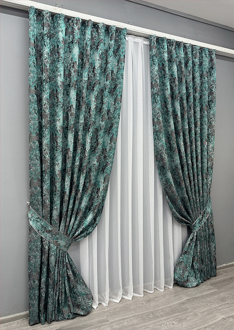 Комплект готовых штор VR-Textil Лен Премиум № 1837ш Серый с бирюзовым 150х295 см 2 шт (33-0825) Киев - изображение 3