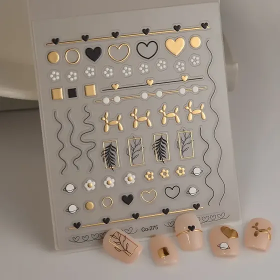 3D наклейки для ногтей золото черные | сердечки, цветы, линии, фигурки Киев