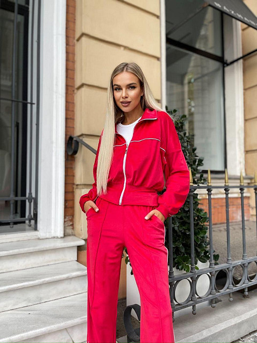 Женский стильный повседневный велюровый костюм двойка Красный Одесса - изображение 8