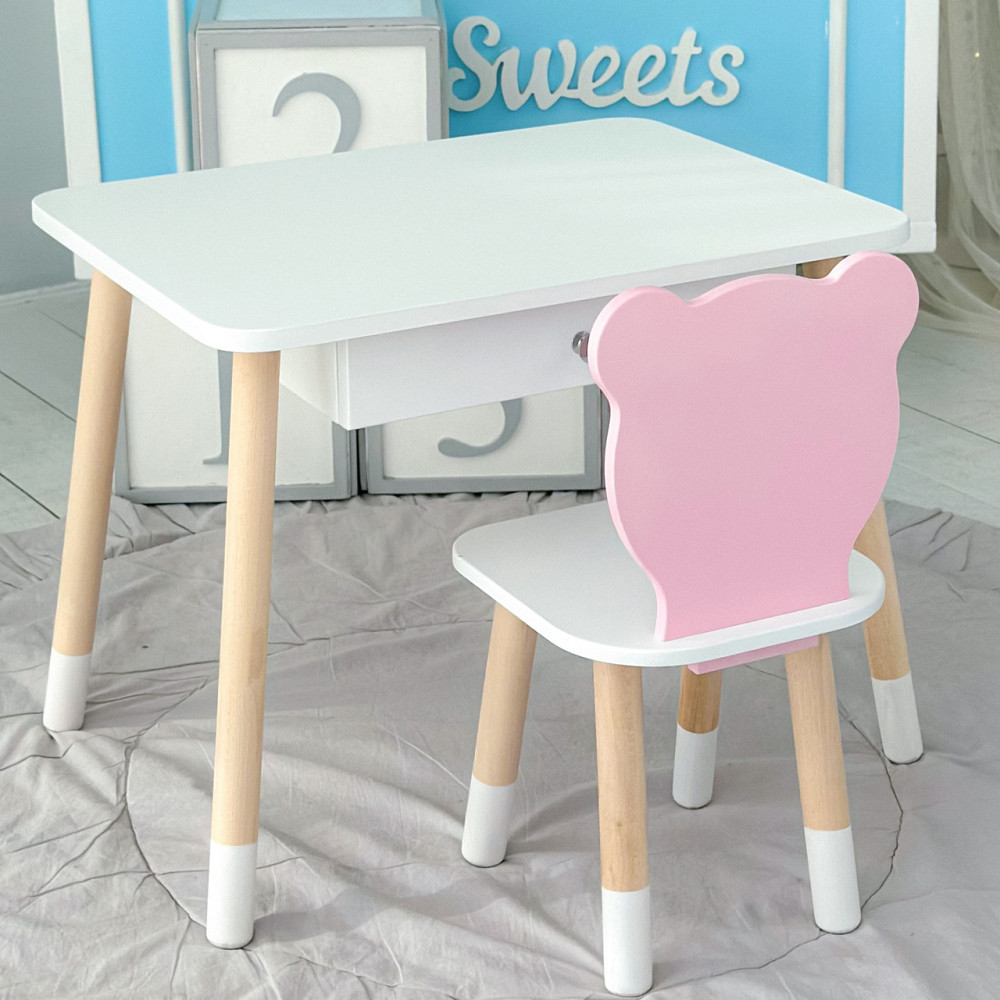 Стол прямоугольный с ящиком 46х60х45 и стул мордочка медвежонка 26х26х24, столик и стульчик для детской комнаты, белый с розовым Киев - изображение 4
