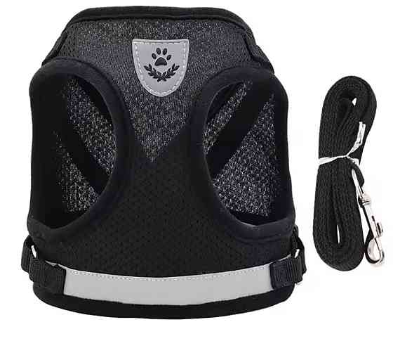 Светоотражающая шлея для собачек и кошек с поводком тканевая в сеточку S черный Киев