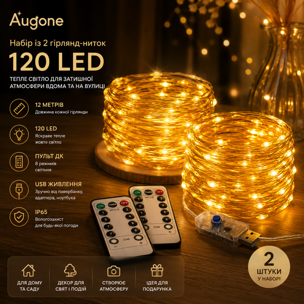 Набір із 2 гірлянд-ниток Augone, 120 LED, 12 метрів, USB, пульт ДК, 8 режимів, теплий жовтий, IP65 Київ - фото 7