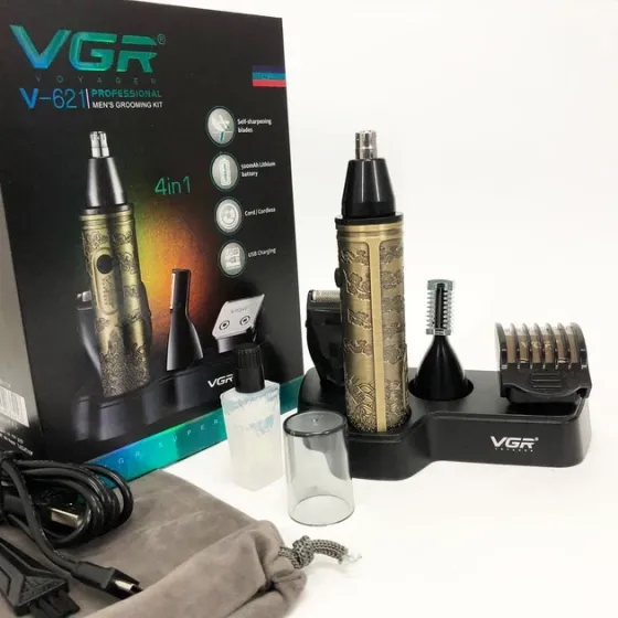 Мультитример 4в1 VGR V-621 Gold: для носа, вух, бороди та брів, акумулятор 90 хв, USB, R-леза, метал, золотий Одеса
