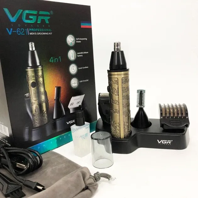 Мультитример 4в1 VGR V-621 Gold: для носа, вух, бороди та брів, акумулятор 90 хв, USB, R-леза, метал, золотий Одеса - фото 5