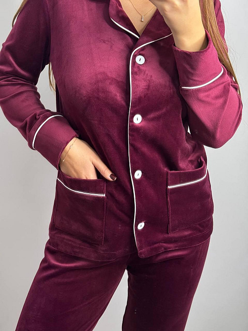 Костюм из плюшевого велюра на пуговицах с двумя карманами Бордовый XS Харьков - изображение 1
