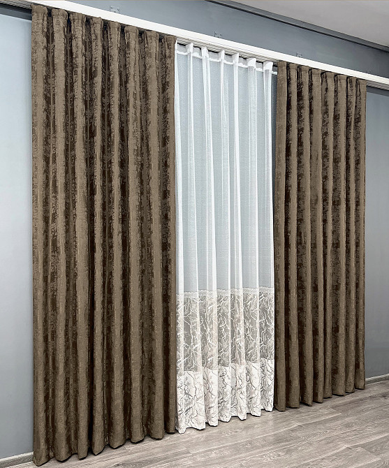 Комплект штор VR-Textil Жаккард Мрамор 150х270 2шт и Тюль 600х270 1203ш-1668т Коричневый с белым 71-119/5 Киев - изображение 3