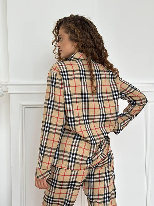 Жіноча піжама сорочка і штани фланелева з ґудзиками в клітинку для дому з довгими рукавами бежева S-M Одеса - фото 8