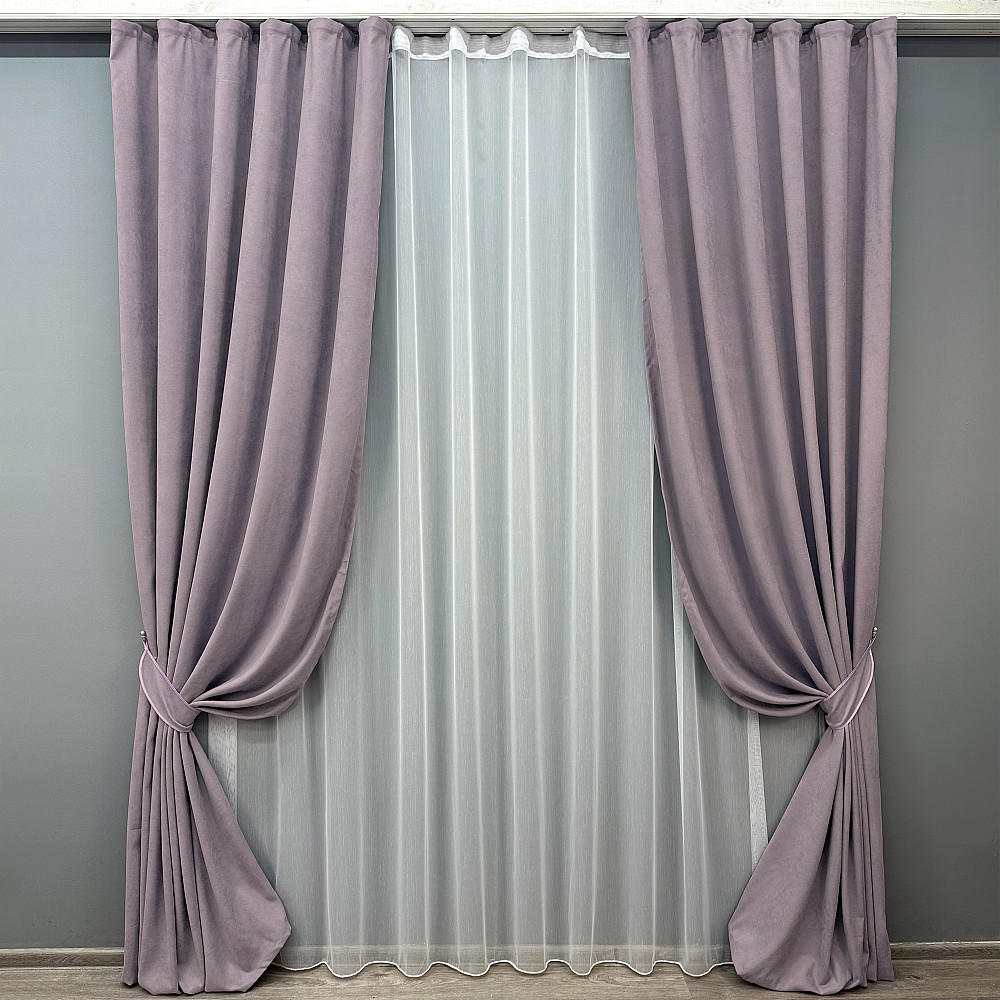 Комплект штор VR-Textil Мікровелюр Petek 150х270 2шт і Тюль 400х270 1493ш-1153т Лавандовий з білим 71-054/3 Київ - фото 1