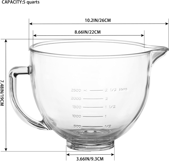 Скляна чаша для змішування, сумісна з міксерами KitchenAid з похилою головкою об'ємом 4,5 та 5л, скляна чаша для змішування Київ