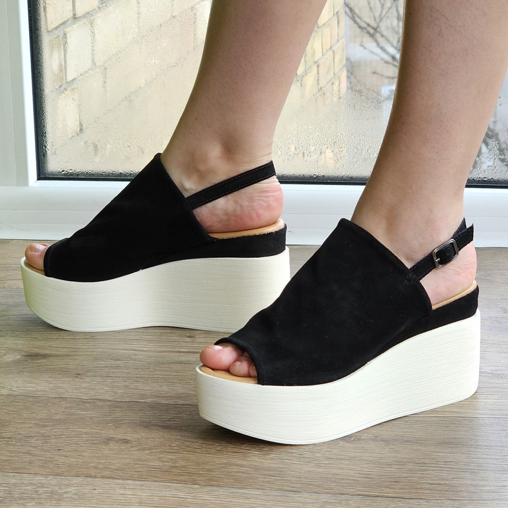 Жіночі Босоніжки на Танкетці Замшеві Сандалії на платформі Чорні Літні (розміри: 36,37,38,39,40) — 47 Дніпро - фото 1