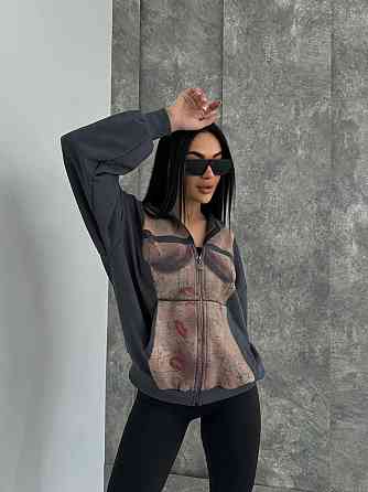 Женская стильная оверсайз худи с капюшоном на молнии петля пенье + турецкая рибана Графит, 42/46 Одесса