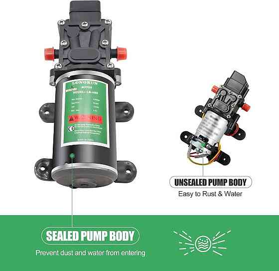 Насос 12V Longrun 6L/хв самовсмоктуючий мембранний чорний 100 PSI/6.9 Bar з реле тиску для кемпінгу, авто, човна Київ