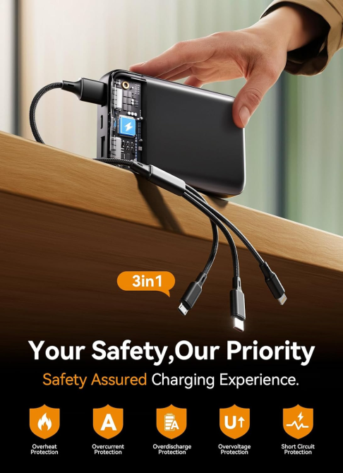 Power Bank LKOYY 27000 мАг, швидка зарядка, USB-C, 2×USB-A, LCD-дисплей, кабель 3-в-1, чорний Київ - фото 7