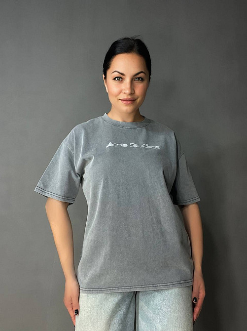 Футболка женская A-N 27039 вареная тай-дай оверсайз хлопок с надписью, серый, one size Киев - изображение 1
