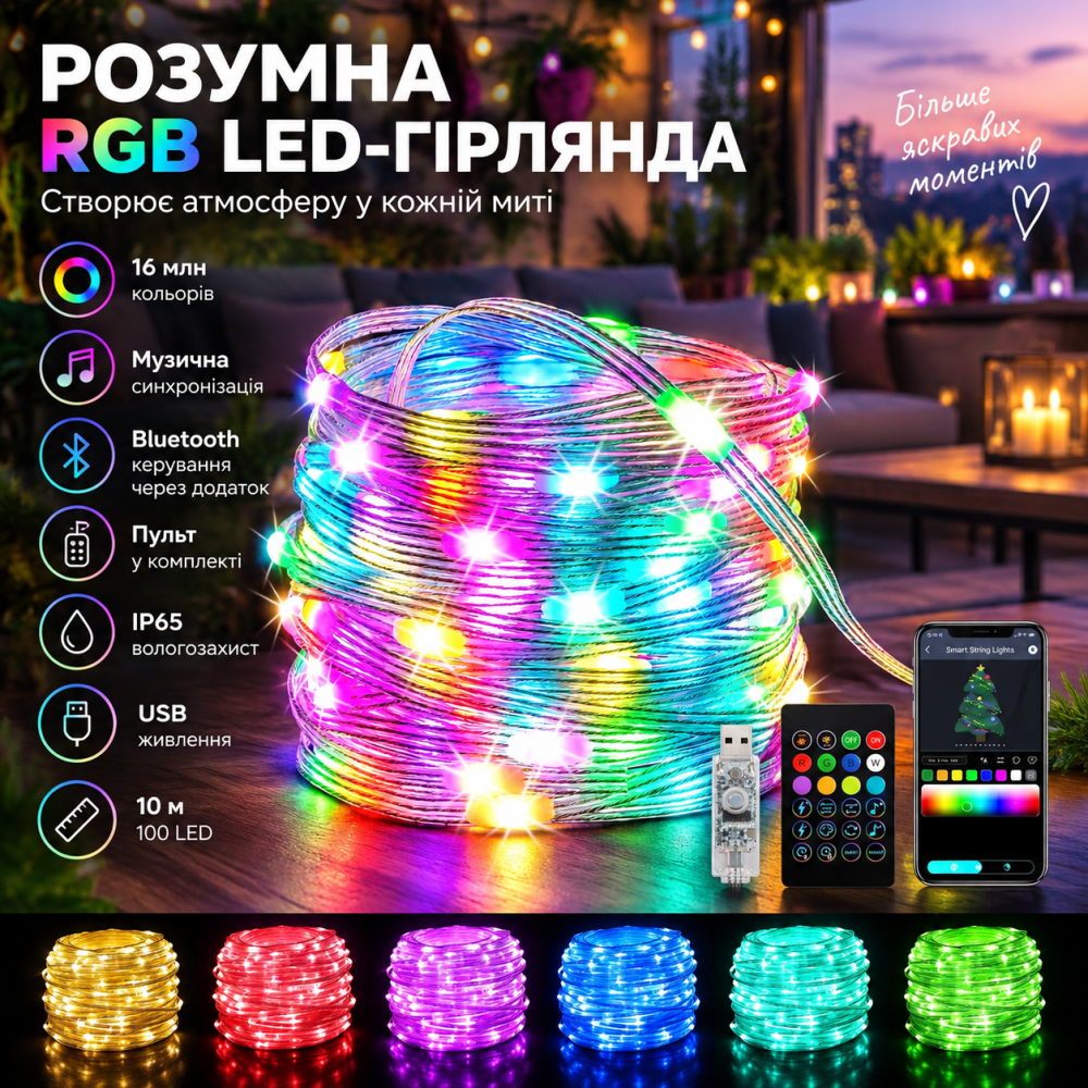Умная RGB LED-гирлянда Oreunik 10 м 100 LED, Bluetooth, iDeal LED, синхронизация с музыкой, пульт, IP65, USB Киев - изображение 1