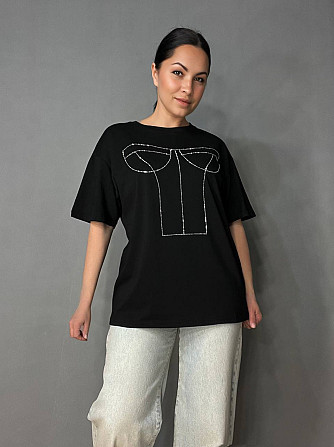 Футболка женская A-N 0098 с камнями имитация корсета оверсайз, черный, one size Киев - изображение 9