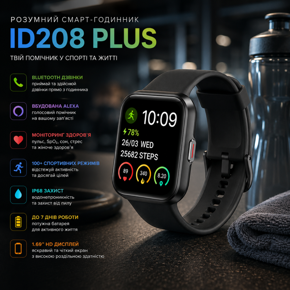 Розумний смарт-годинник ID208 Plus: 1.69" дисплей, Bluetooth-дзвінки, вбудована Alexa, моніторинг здоров’я та IP68 захист Київ - фото 5