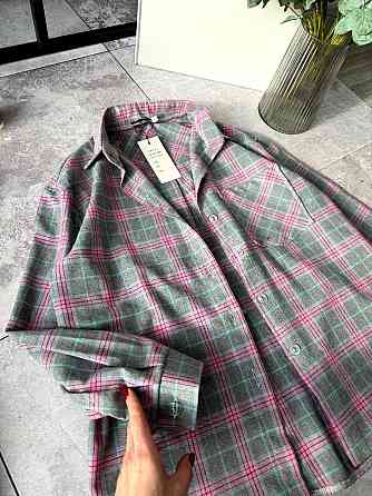 Женская повседневная оверсайз рубашка в клетку фланель 100% коттон Розовый, 48/52 Одесса