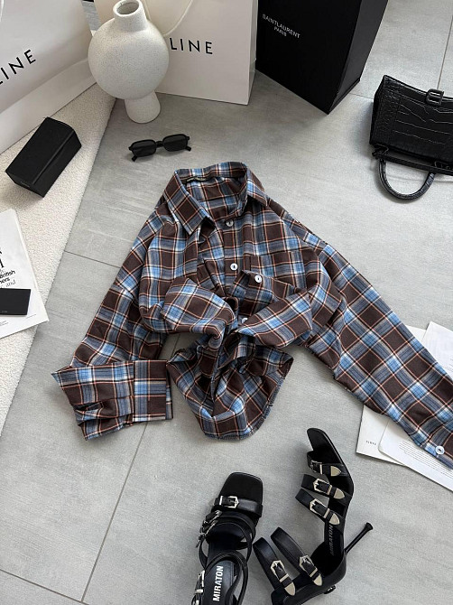 Женская стильная оверсайз рубашка в клетку фланель 100% коттон Синий Одесса - изображение 4