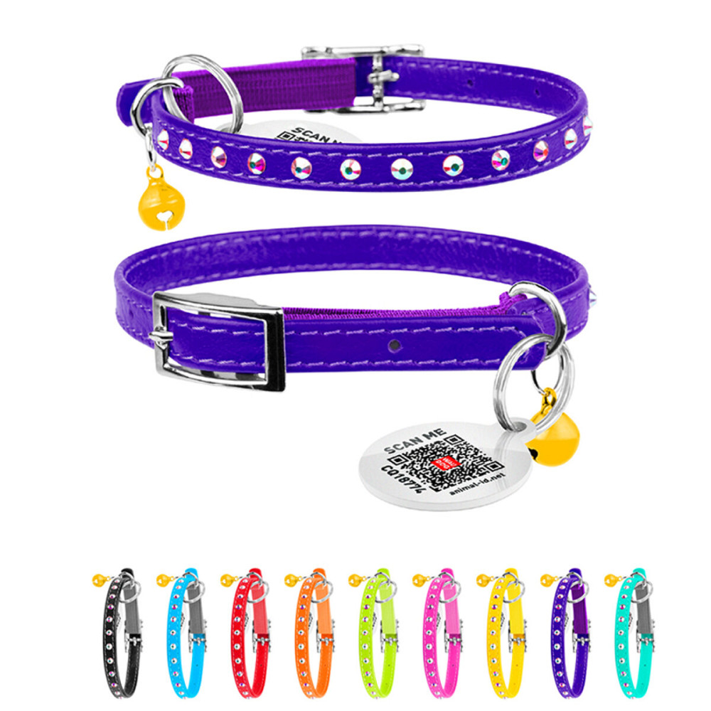 Нашийник WAUCAT Glamour з резинкою, клейовими стразами, для котів (ширина 9мм, довжина 22-30см) фіолетовий Київ - фото 1