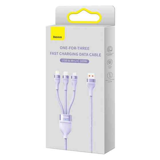 Кабель Baseus Flash Series Ⅱ One-for-three Fast Charging Data Cable USB to M+L+C 100W 1.2m Purple Київ