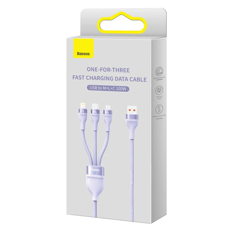 Кабель Baseus Flash Series Ⅱ One-for-three Fast Charging Data Cable USB to M+L+C 100W 1.2m Purple Київ - фото 2