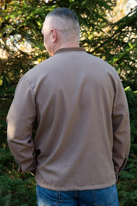 Вышиванка льняная мужская, длинный рукав, кофейная,( лен ) топ Киев - изображение 5