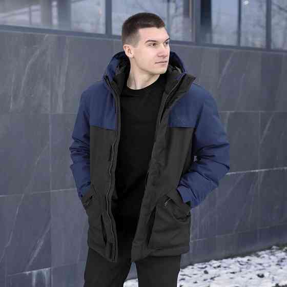 Парка чоловіча зимова з капюшоном чорно-синя Pobedov Navy Київ