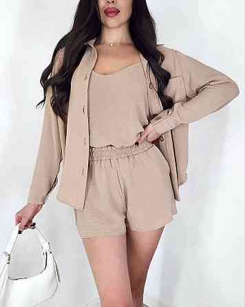 Жіночий легкий костюм-трійка: сорочка, майка та шорти креп жатка Беж, 44/46 Одеса