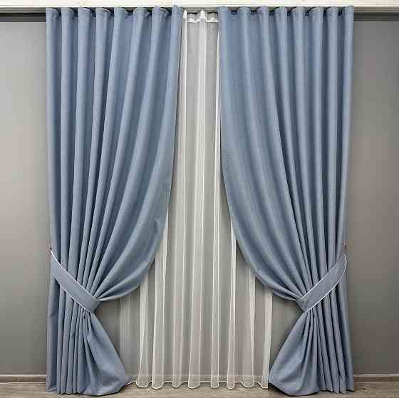 Комплект штор VR-Textil 100% блекаут ASHEN NIGHT 150х270 2шт і Тюль 600х270 1839ш-1153т блакитний з білим 71-069/5 Київ