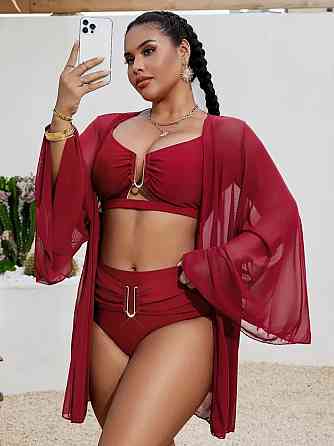 Купальник с парео с высокой талией женский бордовый 3XL Киев