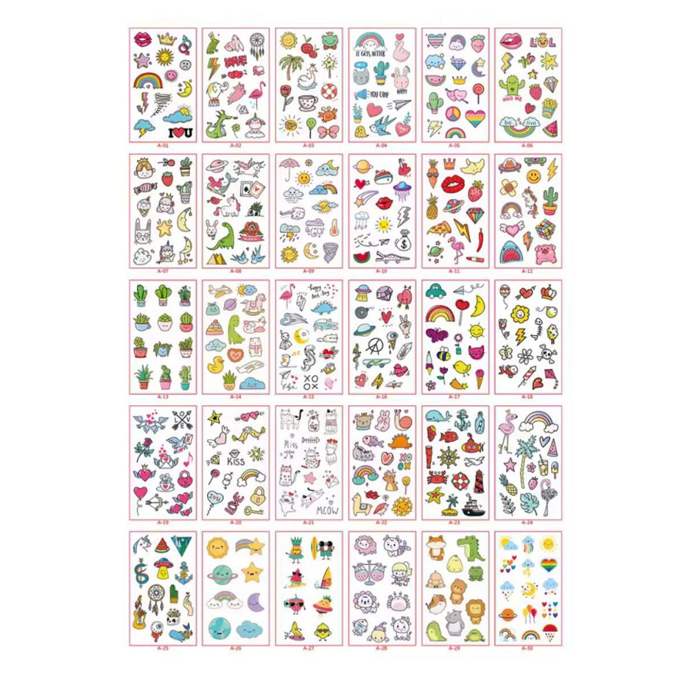 Набір тимчасових тату-стікерів у стилі kawaii — 30 аркушів (6×10 см) веселки, кактуси, губки, звірят Київ - фото 2