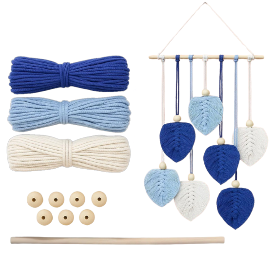 Набір макраме для ручного в'язання гобелена настінного декору «Листя» 37х30см, для рукоділля синьо-блакитний Кам'янець-Подільський