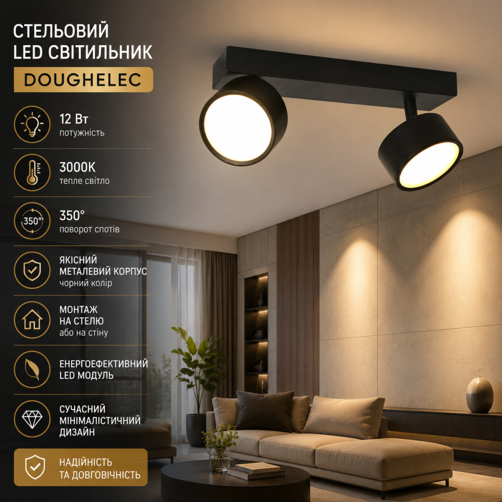 Стельовий LED точковий світильник Doughelec 12 Вт 3000K 2 поворотні споти 350° чорний накладний для стелі та стіни Київ - фото 9