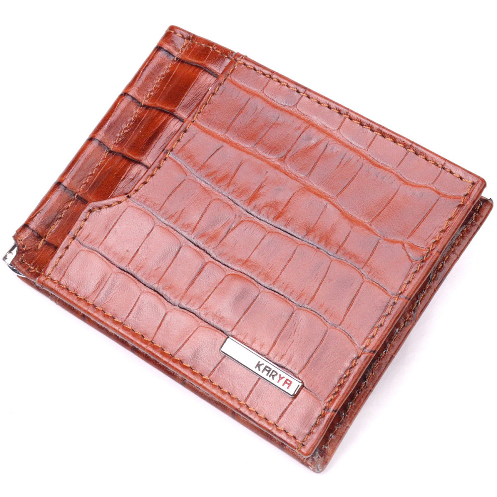 Фактурный зажим для мужчин из натуральной кожи с тиснением под крокодила Рыжий (KARYA) Киев - изображение 5