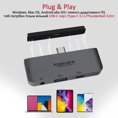 Концентратор Promate USB Hub 4 ports padhub-pro.grey (padhub-pro.grey) Винница - изображение 7