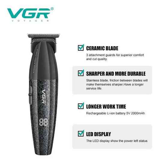 Професійний тример VGR V-640T Black: керамічні леза, DLC-покриття, акумулятор 2000 мАг, до 240 хв роботи Одеса