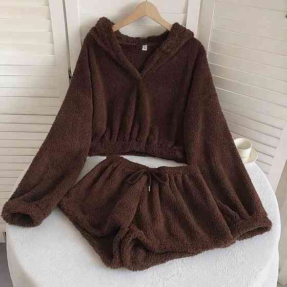 Жіноча плюшева піжама-двійка: кофта та шорти турецька двостороння махра Шоколадний Одеса