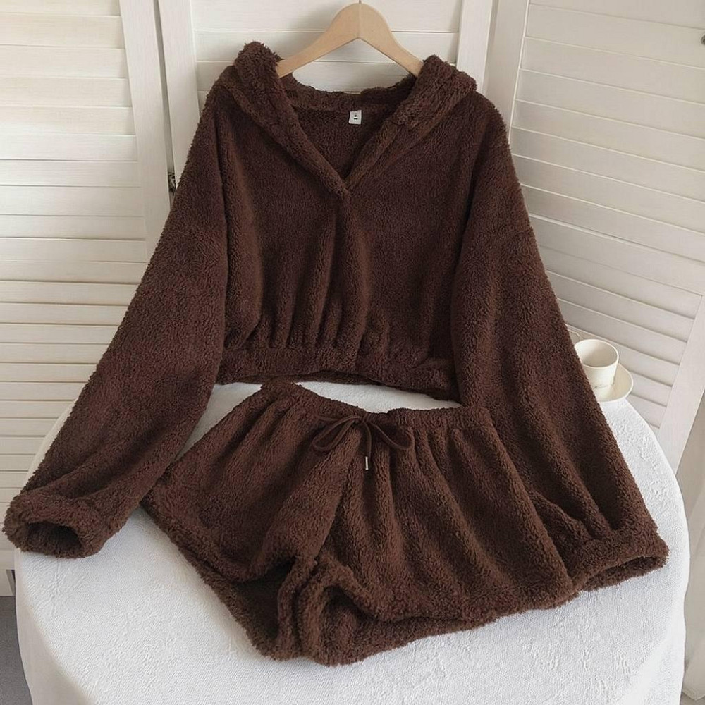 Жіноча плюшева піжама-двійка: кофта та шорти турецька двостороння махра Шоколадний Одеса - фото 1