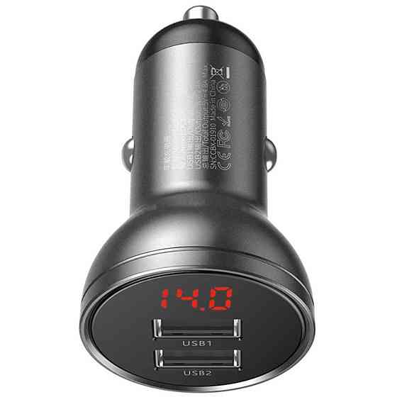 Автомобильное зарядное устройство Baseus Digital Display Dual USB 4.8A Car Charger 24W Grey Ковель
