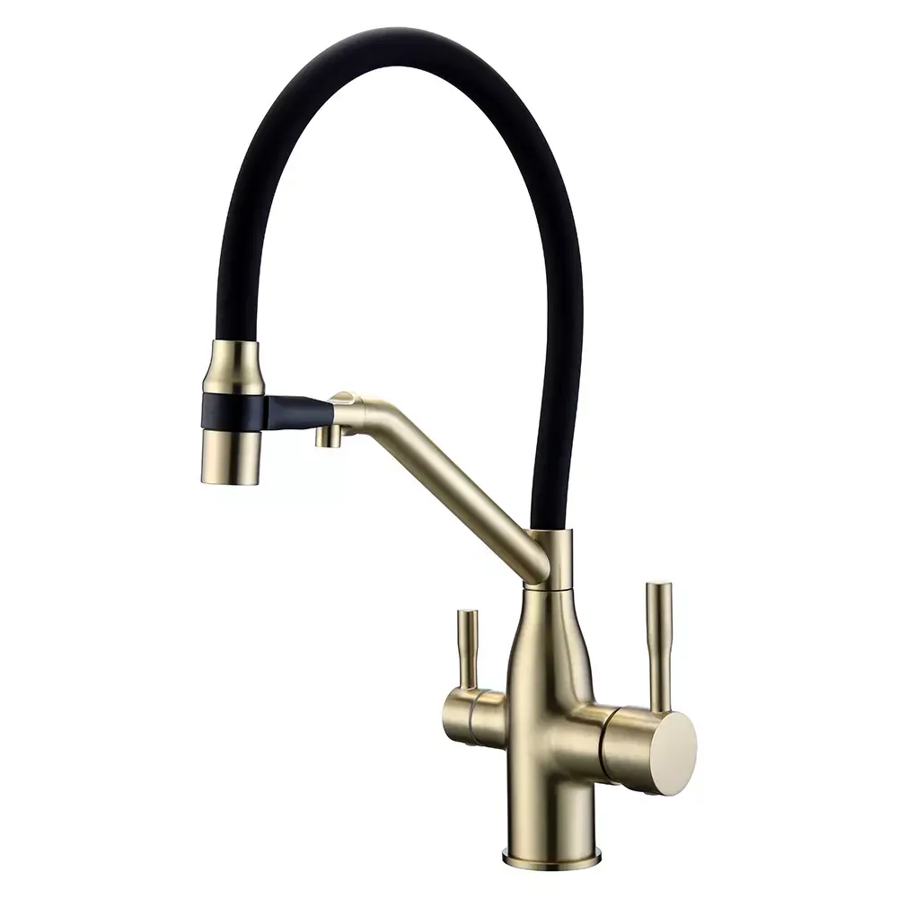 Смеситель для кухни под фильтр Frap F4397-3 с гибким изливом, золото/черный Киев - изображение 1