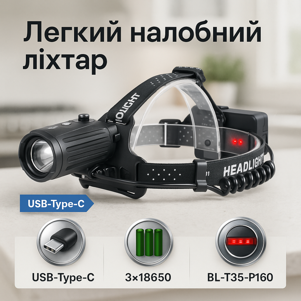 Налобный фонарик с usb зарядкой BL-T35-P160, Легкий фонарик на голову, Налобная лампа IJ-47 Львов - изображение 11